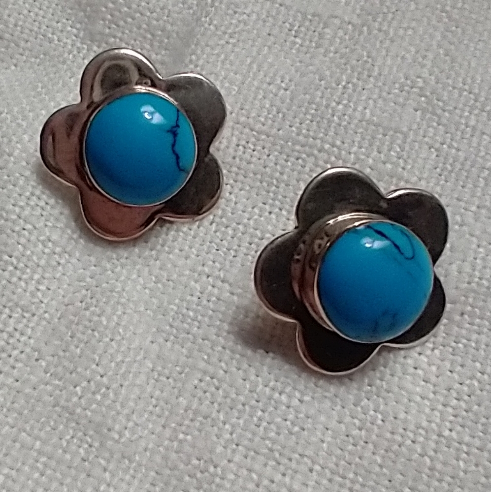 Vintage Mexico Stamped Sterling Silver and Turquoise Earrings